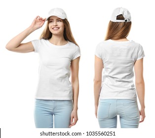Front and back views of young woman in stylish t-shirt and cap on white background. Mockup for design