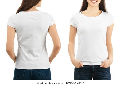 Front and back views of young woman in stylish t-shirt on white background. Mockup for design - Shutterstock ID 1035567817