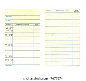 Front And Back Of A Vintage Library Book Due Date Card From The 1960s Isolated On A White Background.  Names Have Been Digitally Removed As Well As The Title And Author Of The Book.