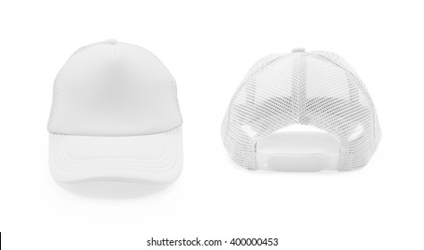 Front and back white cap on isolated background. Sun protection sport hat for your brand and design.