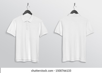 Front Back Of White Plan Polo T Shirt Mockup Hanging On Wall 