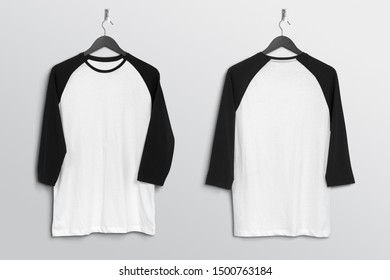 Front Back Of White Plan Raglan Three Quarter Sleeve T Shirt Mockup Hanging On Wall 