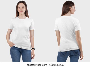 Front Back Of Woman Model Wearing White Plan Crew Neck T Shirt