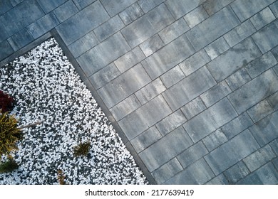 Front or back yard landscape design of stone tile pavement. Exterior from above