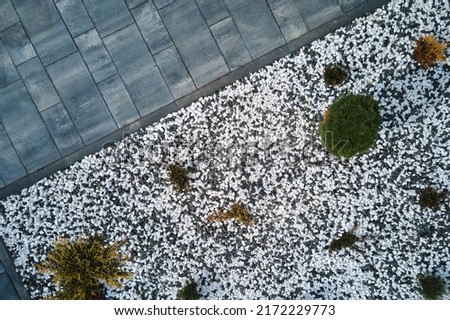 Front or back yard landscape design of stone tile pavement. Exterior from above