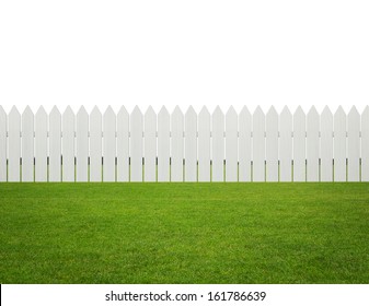 Front or back yard, white wooden fence on the grass isolated on white background with copy space
