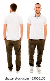 Front And Back Of A Young Casual Man Full Body Standing Isolated Over White