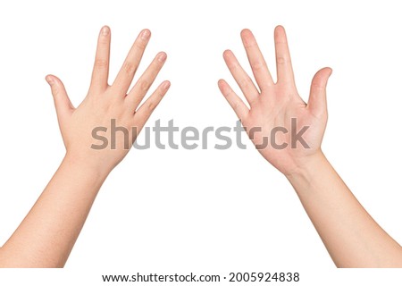 Front and back Young woman hand isolated on white background.