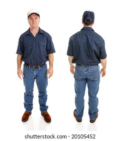 Front And Backviews Of Average Blue Collar Working Man, Isolated On White Background.