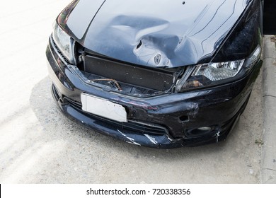 Front Of Black Car Accident Bonnet Damage, Insurance Concept.