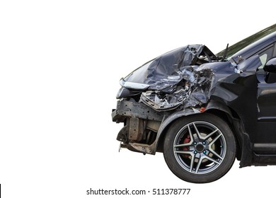 Front of black car get damaged by accident on the road. Isolated on white background. Saved with clipping path - Shutterstock ID 511378777