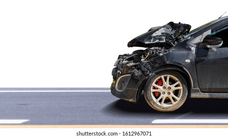 Front of black color car big damaged and broken by accident on city street parking can not drive any more. isolated on white background. Save with clipping path - Shutterstock ID 1612967071