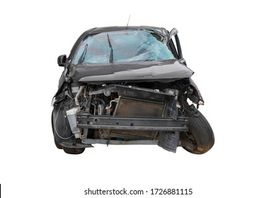 Front of black color car get big damage and crash by accident. Isolated on white background. 