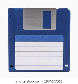 The front of an blue floppy disk, isolated on a white background. Close up