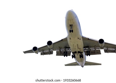 Front Bottom Image Large Commercial Passenger Aircraft Or Cargo Transportation Airplane Spread The Wheel Prepare To Landing Isolated On White Background With Clipping Path