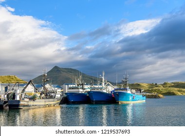 A Front Bow View Of Alaskan Fishing Crab Boats At Port In Dutch Harbor Alaska