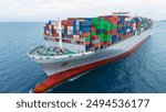 Front of Cargo container ship carrying container and running in international container port customs shipyard sea port concept smart logistic service. Container Ship.	

