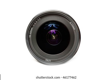 front close up of a camera lens on white