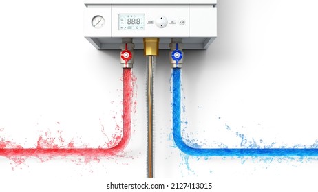 Front close view on cross sected pipes that lead to boiler and hot and cold water that run in pipes spraying around, isolated on white background, 3d illustration - Shutterstock ID 2127413015