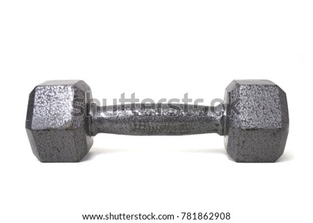 Front Close Up View of One Single Isolated Grey Iron Dumbbells on White Background