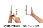 Front closeup of male hands holding smart phones with white empty screen, showing using devices, person sharing media transfer data files, touching monitor, free copy space. Banner, studio mock up