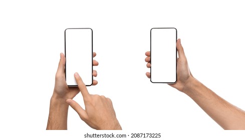 Front closeup of male hands holding smart phones with white empty screen, showing using devices, person sharing media transfer data files, touching monitor, free copy space. Banner, studio mock up - Shutterstock ID 2087173225