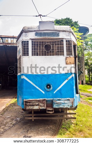 Front of a common tram which is a heritage of Kolkata, India