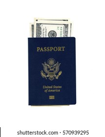 Front Cover Of A US Passport And Hundred Dollar Bills Inside