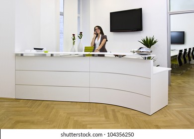 Front desk lady doing her job very well and cheerfully. The black space on the TV-sreen could be used for any logos, some label signs or any graphic additions.