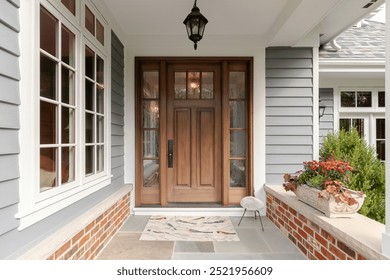 A front door and covered porch detail on a home with grey siding, white trim, red brick, a wooden front door.