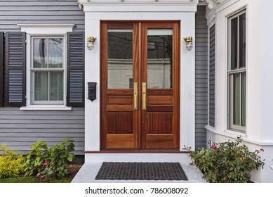 Front door, double brown front door with a secured front entrance