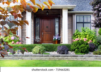 Front Door Facade Of A Luxury Home In A Canada. 