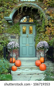 Front Door Of Family Home With Halloween Decorations