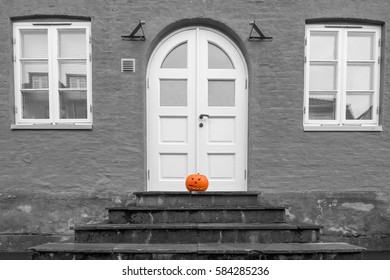 Front Door Of House With Halloween Decorations