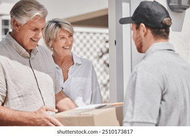 Front door, package and senior couple with deliveryman for ecommerce order courier at home. Happy, cardboard box and elderly people in retirement with logistics driver for cargo parcel at house. - Powered by Shutterstock