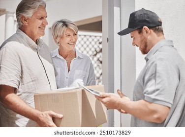 Front door, parcel and senior couple with deliveryman for ecommerce order courier at home. Happy, cardboard box and elderly people in retirement with logistics driver for cargo package at house. - Powered by Shutterstock