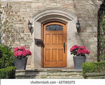 front door with pink hydrangeas