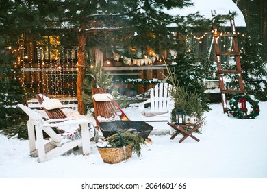 Front Door Porch Of Village Countryside House With Swing Hammock Decorated For Christmas Winter Holidays, Christmas And New Year Vacation Concept