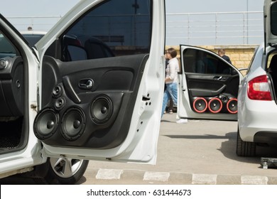 front door of the vehicle mounted with the optional audio speakers