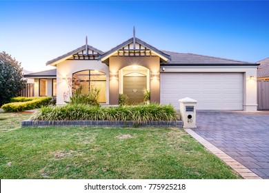 Front Elevation Of Modern Suburban Australian Home Shot At Twilight. Perth, Western Australia. Photographed: December 7th, 2017.