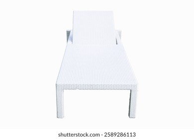 Front of empty white plastic sunbeds isolated on white background. Holiday travel vacation concept.