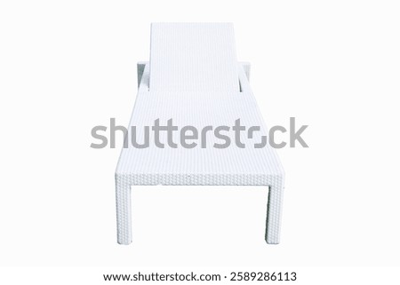 Front of empty white plastic sunbeds isolated on white background. Holiday travel vacation concept.
