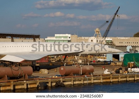 Front end of British Airways Concorde G-BOAD at the Brooklyn Navy Yard for repainting and maintenance