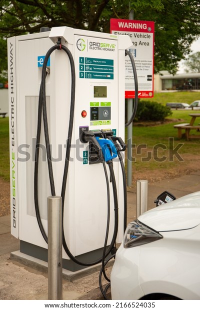 Front end of Renault Zoe E-Tech car charging at\
GridServe vehicle charging rapid station. Corley services, UK -\
June 4th 2022