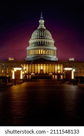 Front Entrance And Columns Of The Marble Domed United States Capital Building In Washington DC Illuminated At Night