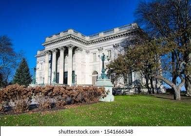 The Front Entrance Of The Historic Marble House In Newport Rhode Island On A Late Autumn Sunny Day.