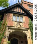 The front entrance of Stan Hywett Hall, former estate of the family of F.A. Seiberling, co-founder of The Goodyear Tire and Rubber Co., Akron, Ohio