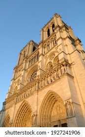 Front Facade Of The Notre Dame Cathedral, Paris, Île-de-France, France