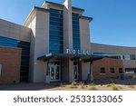 Front facade of town police station, multistory building