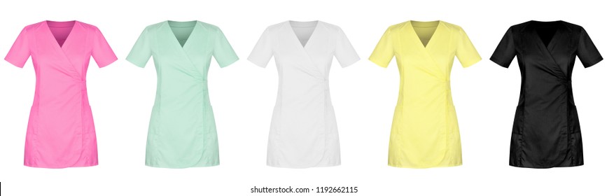 Front of five lady medical uniforms isolated on white background